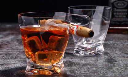 European Shaped Crystal Whiskey Cigar Glass With Cigar Holder